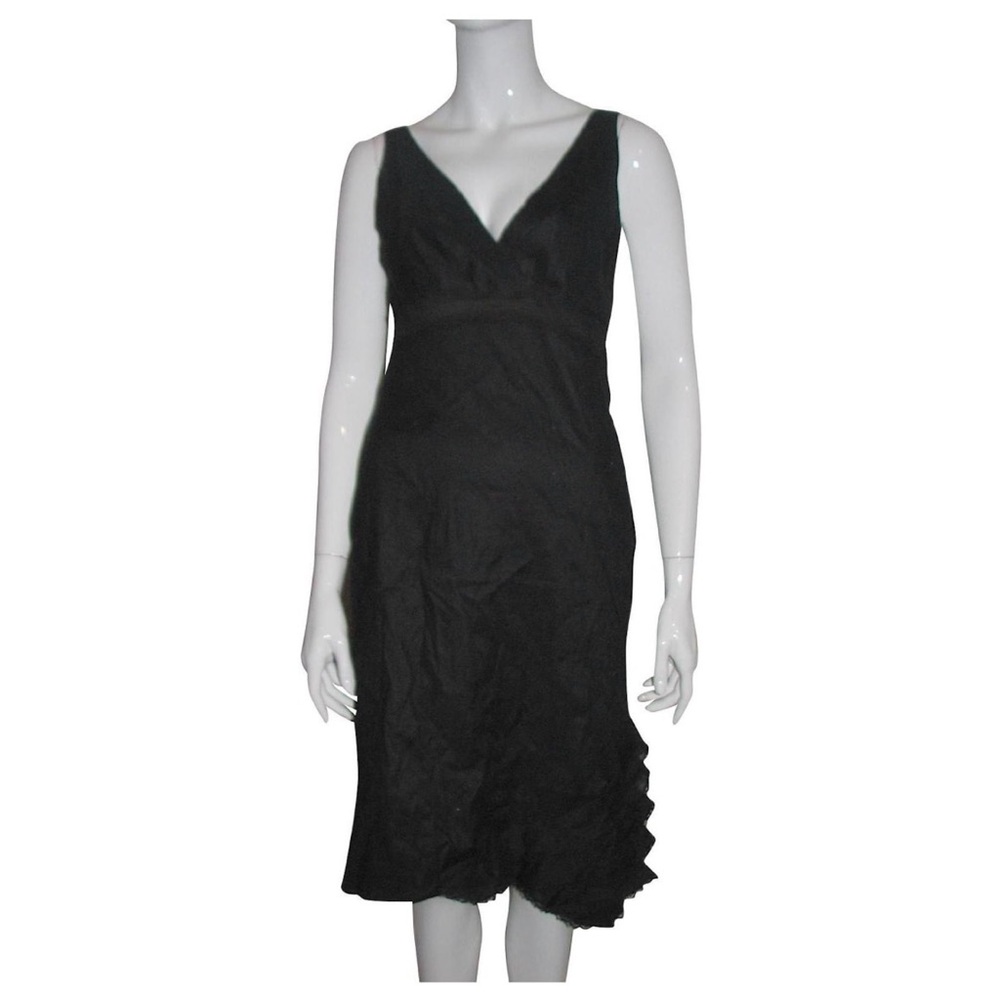 BCBGMaxAzria Black Linen-Blend Dress (sz. 4), V-Neck w/ Lacey Ruffles